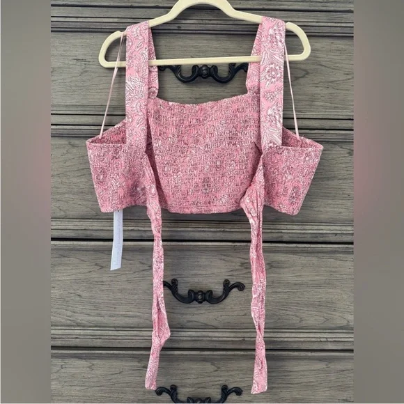 NEW House of Harlow 1960 Pink Floral Smocked Crop Top NWT White Tie Back Cotton - Picture 5 of 10